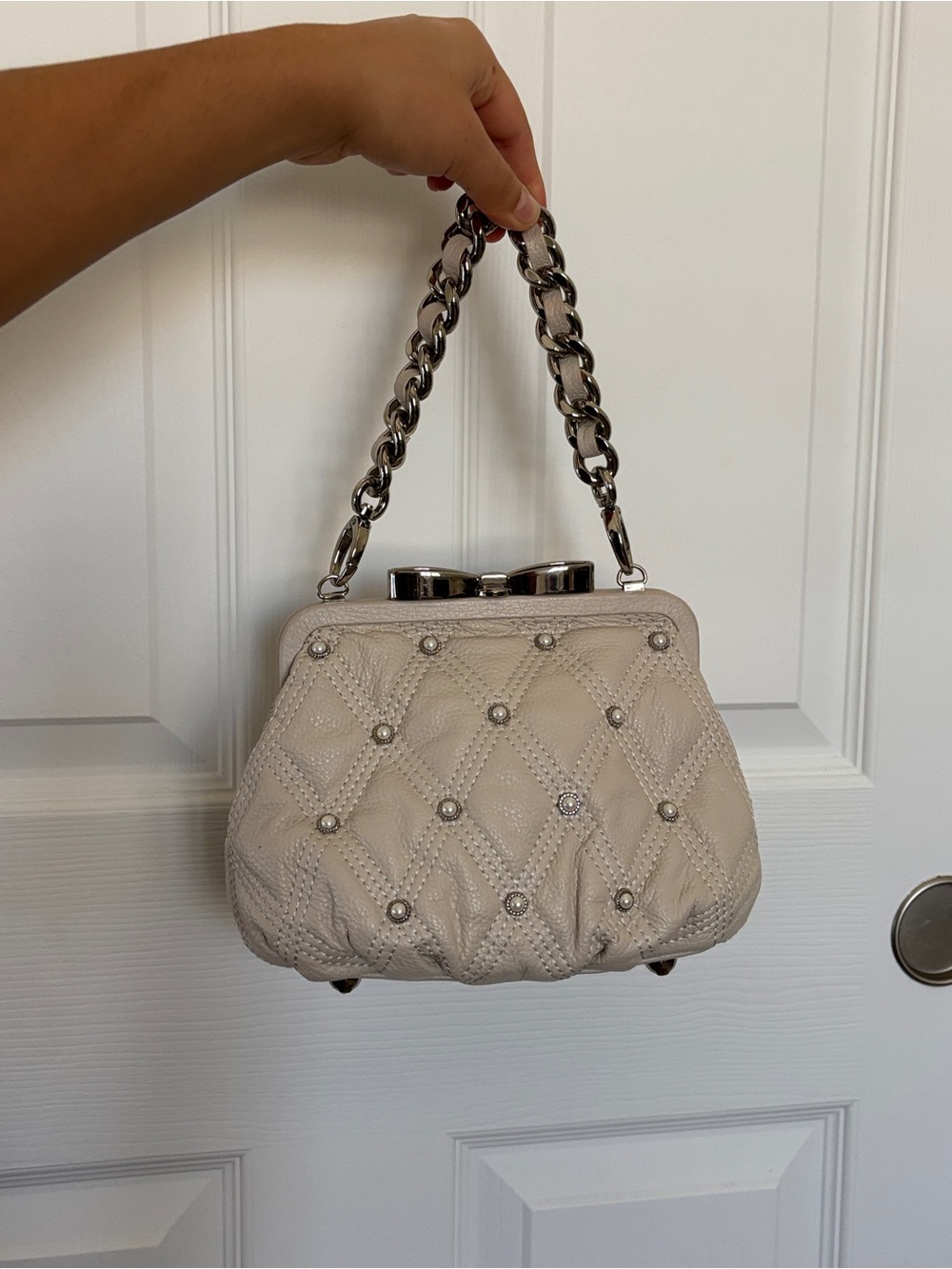 My Flat in London Cream Quilted Pearl-Stud Wristlet with Silver Chain